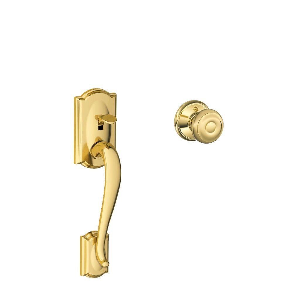 Bright Brass Camelot Entry Handleset with Georgian Knob