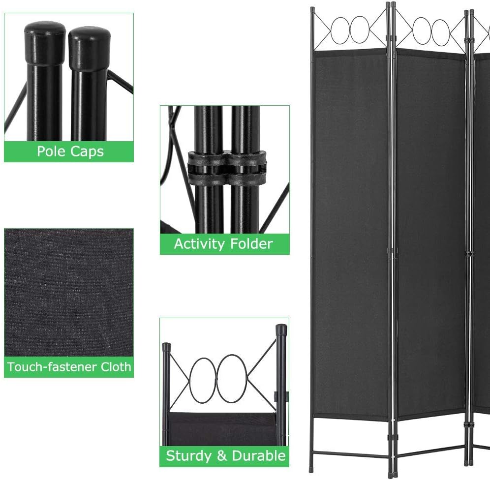 Black 4 Panel 6FT Steel Frame Folding Privacy Room Divider