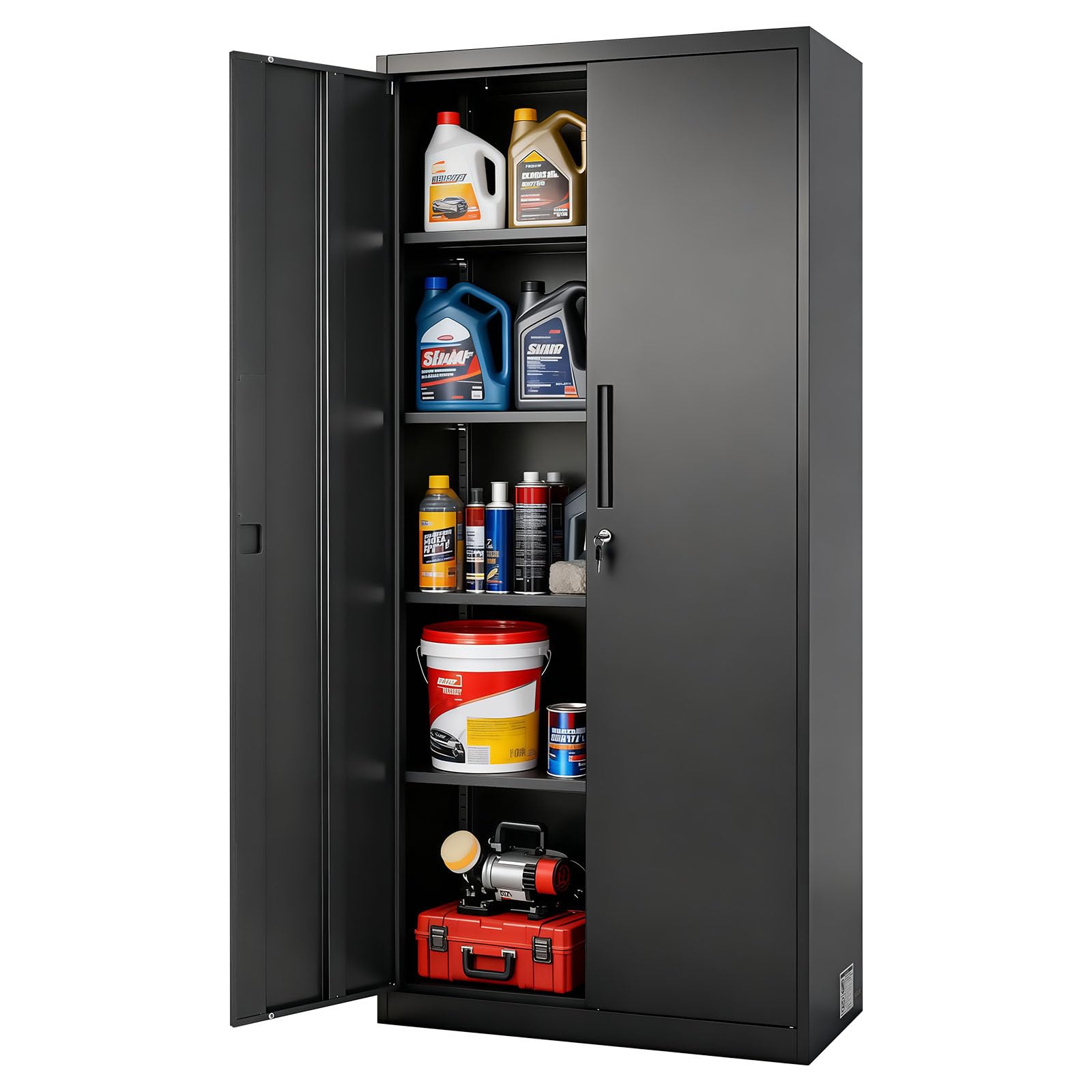 Black 41.7in Lockable Steel Storage Cabinet with Adjustable Shelves Magnetic Lock Doors for Garage Pantry Office