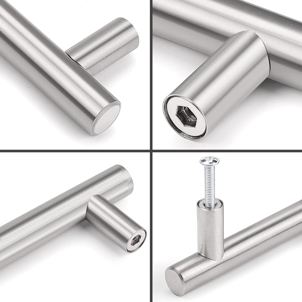 30Pack Brushed Nickel T-Bar Cabinet Pulls 3in Hole Center 5in Total Length