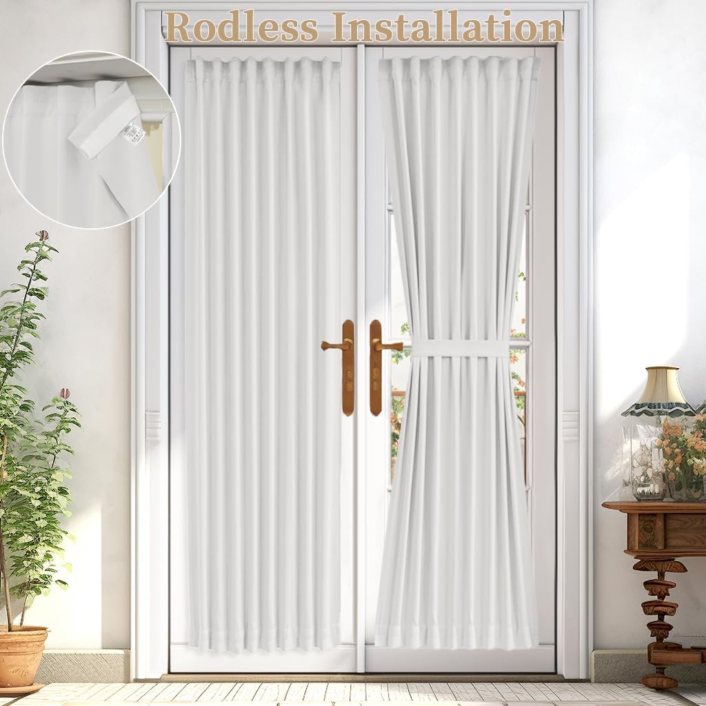Greyish White Rodless Self-Adhesive French Door Curtain 25×72in Light Filtering 1 Panel