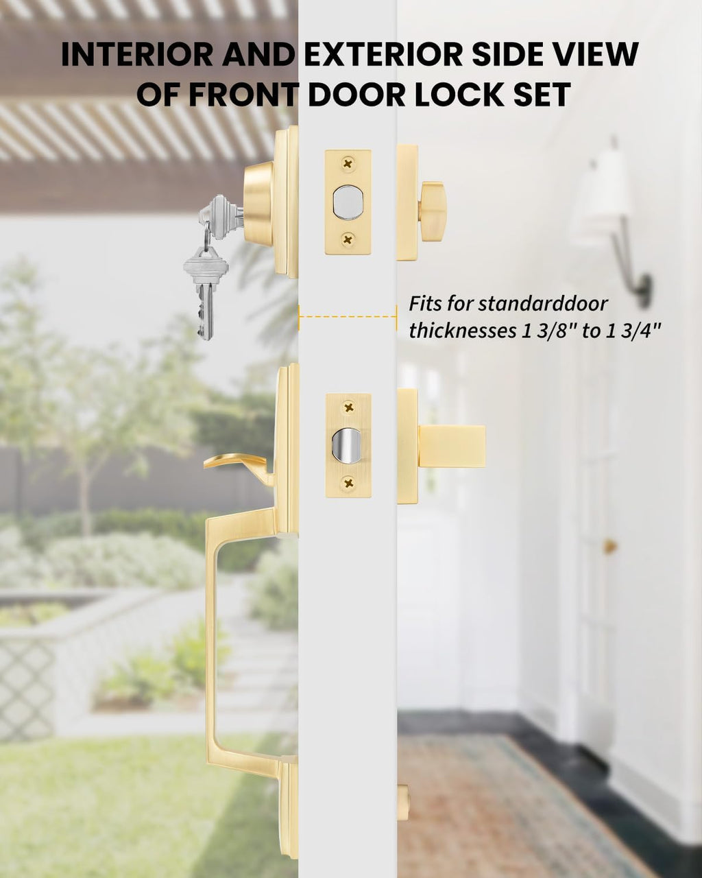 Gold Front Door Lever & Deadbolt Lock Set Reversible Handle Hardware
