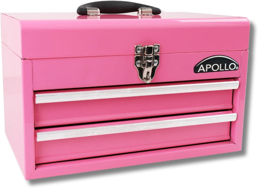 Pink Ribbon 14in Heavy-Duty Steel Tool Box with 2 Drawers Deep Storage Compartment Ball Bearing Slides Powder Coated