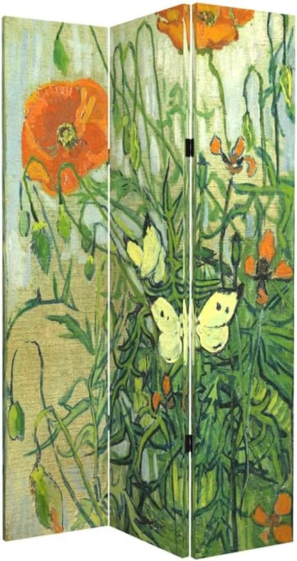 3-Panel Van Gogh Butterflies Poppies Canvas Wood Folding Room Divider 71in High