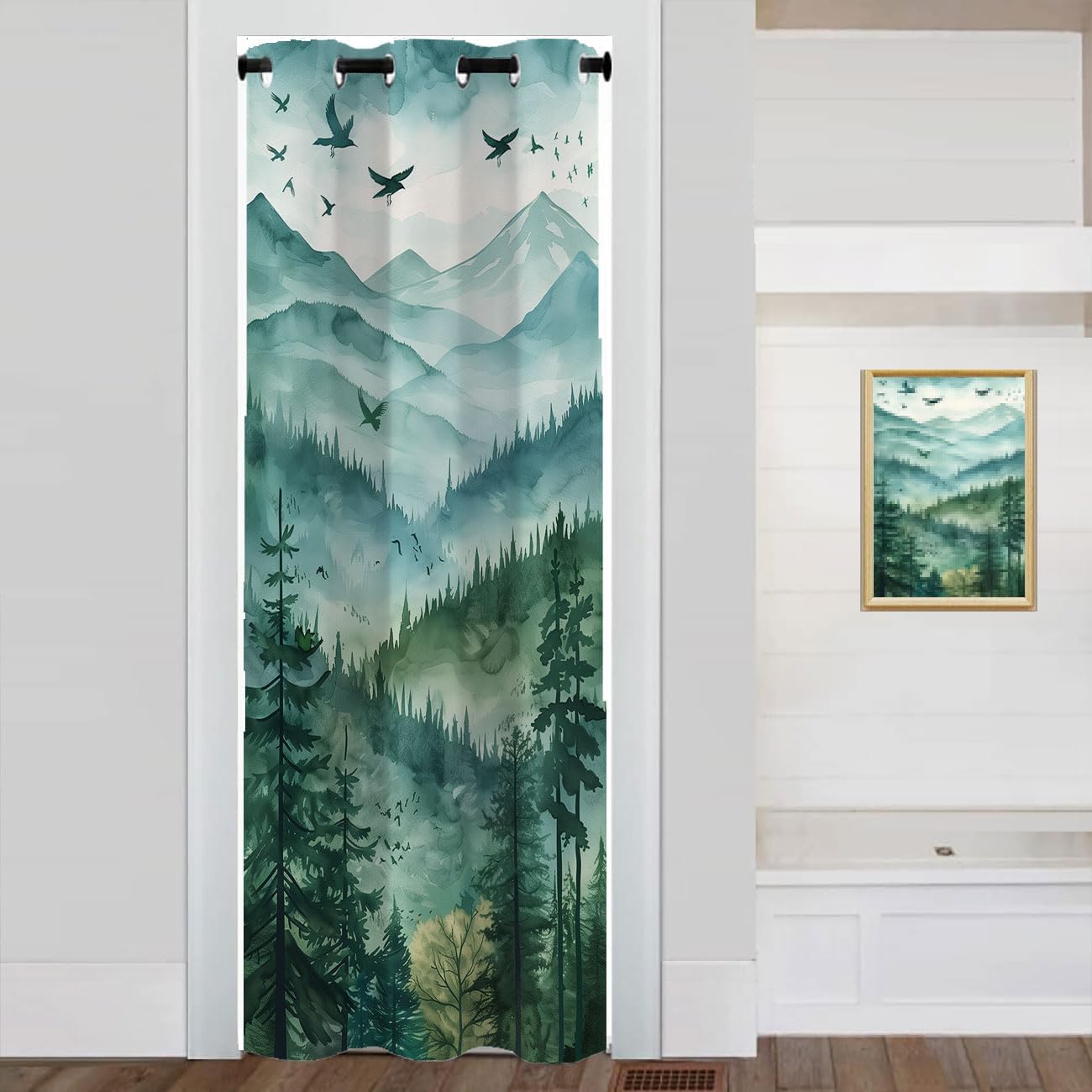 Watercolor Mountain Forest Privacy Door Curtain 34×80in Room Divider 1 Panel
