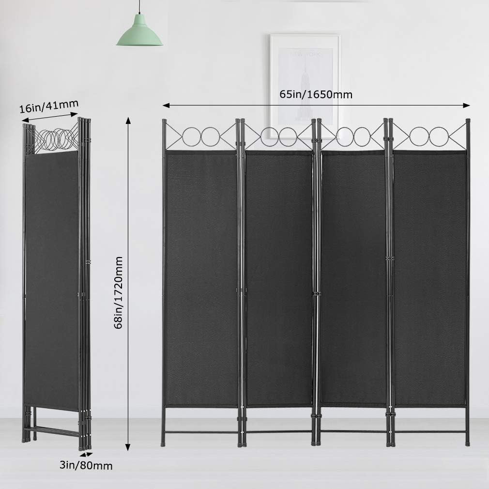 Black 4 Panel 6FT Steel Frame Folding Privacy Room Divider