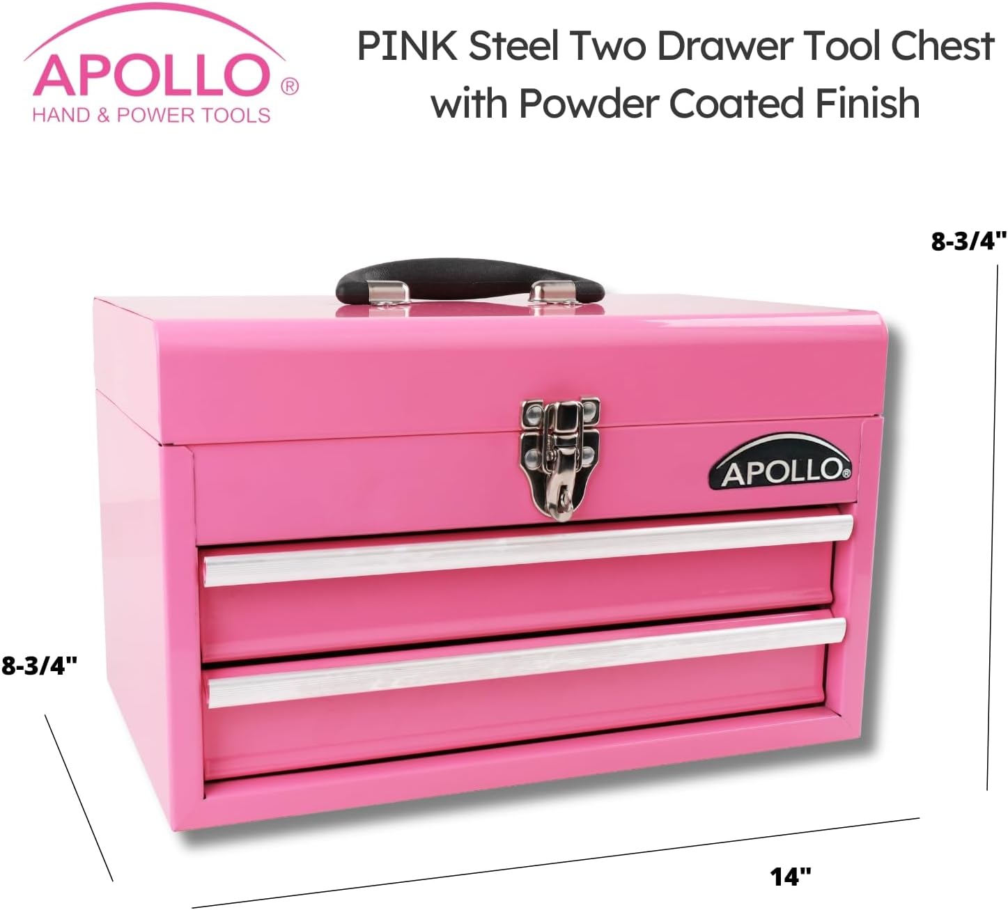 Pink Ribbon 14in Heavy-Duty Steel Tool Box with 2 Drawers Deep Storage Compartment Ball Bearing Slides Powder Coated