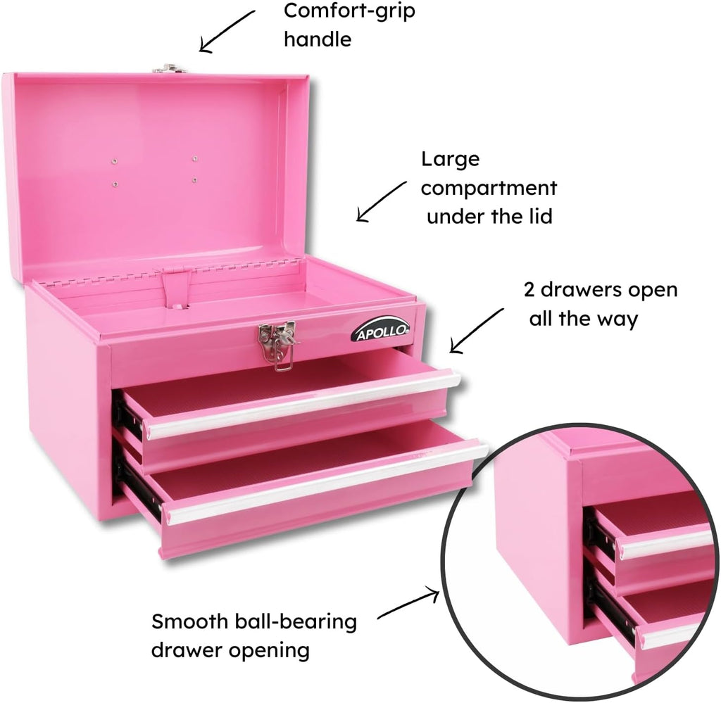 Pink Ribbon 14in Heavy-Duty Steel Tool Box with 2 Drawers Deep Storage Compartment Ball Bearing Slides Powder Coated