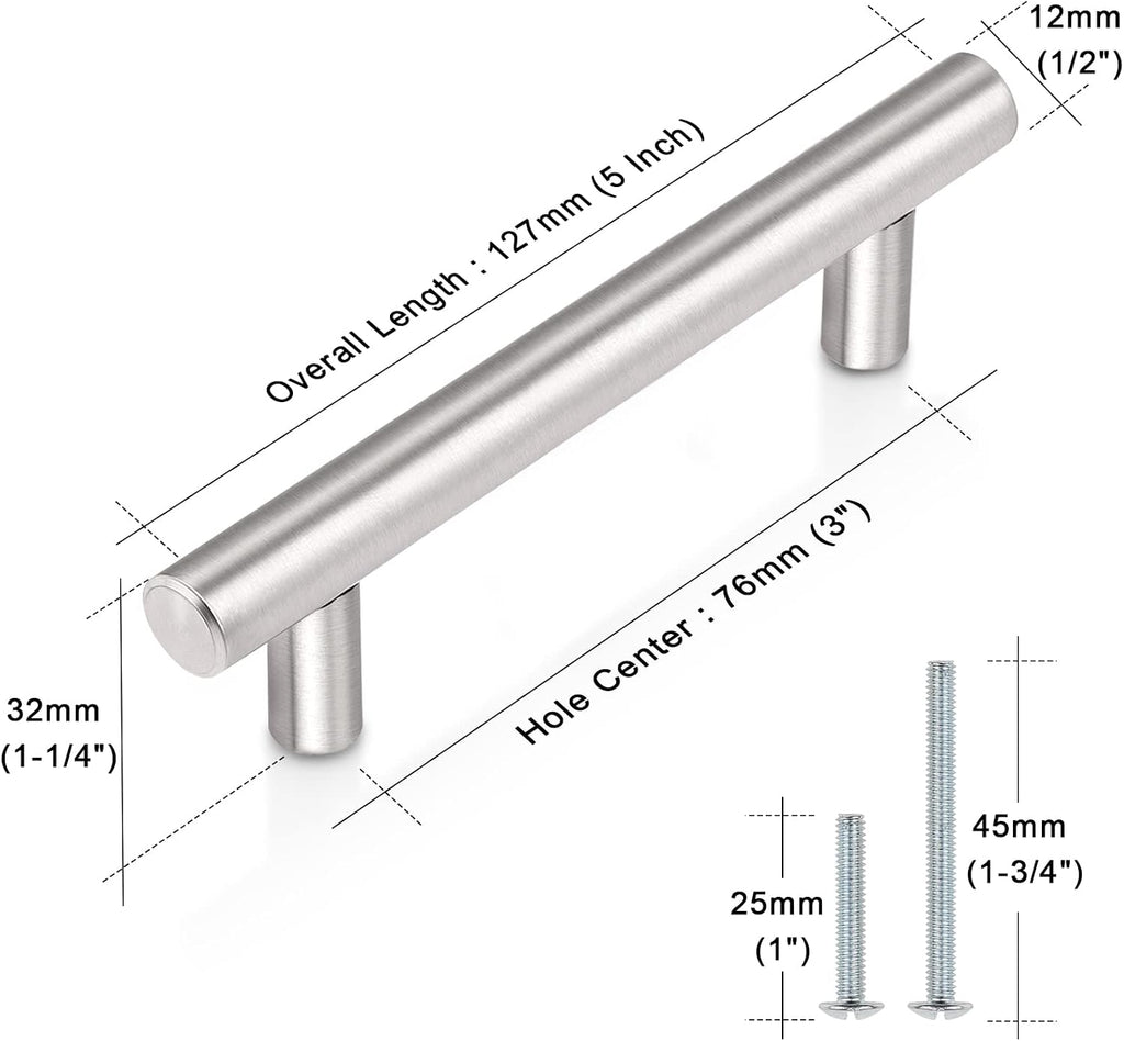 30Pack Brushed Nickel T-Bar Cabinet Pulls 3in Hole Center 5in Total Length