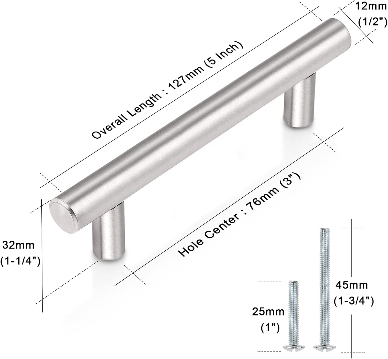 30Pack Brushed Nickel T-Bar Cabinet Pulls 3in Hole Center 5in Total Length