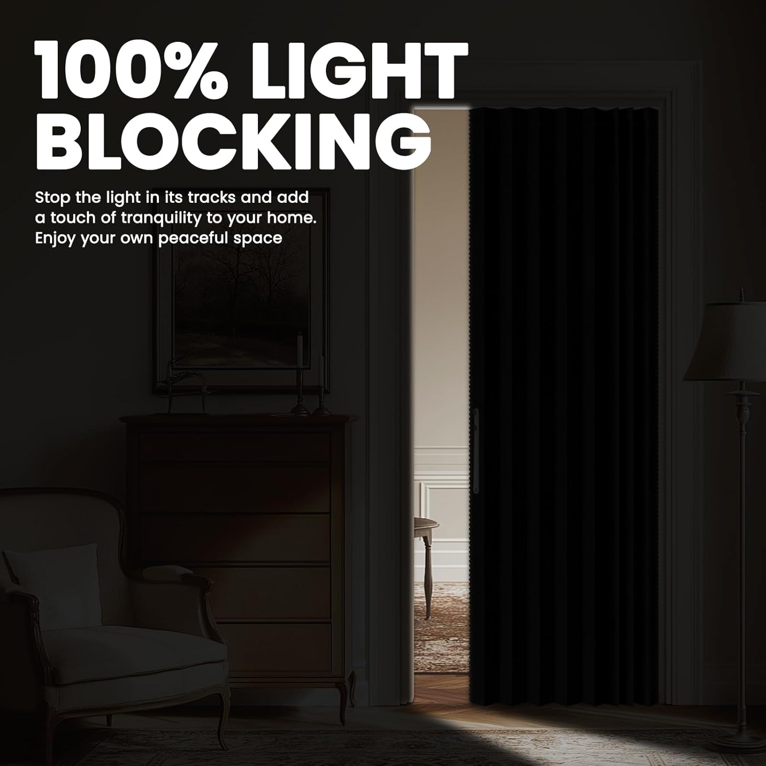 Black 100% Blackout Folding Accordion Door Curtain with Track 53×79in for Bedroom Living Room