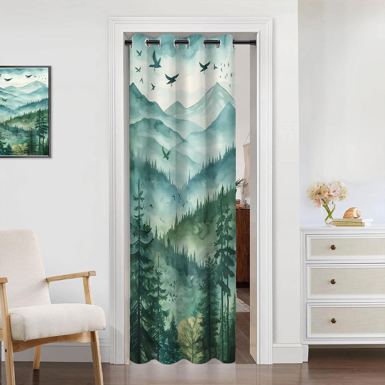 Watercolor Mountain Forest Privacy Door Curtain 34×80in Room Divider 1 Panel