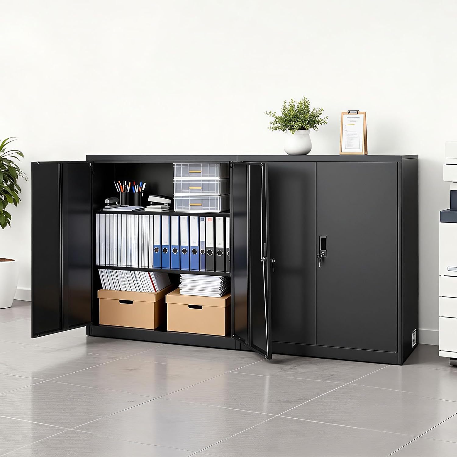 Black 41.7in Lockable Steel Storage Cabinet with Adjustable Shelves Magnetic Lock Doors for Garage Pantry Office
