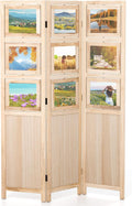Natural Wood 3 Panel 67in Folding Room Divider with 9 Rotating Photo Frames