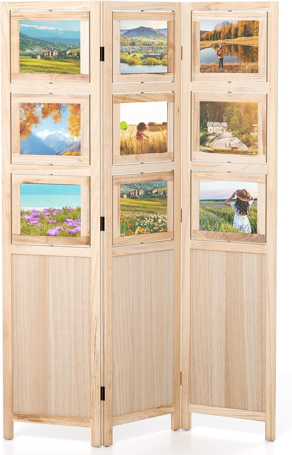 Natural Wood 3 Panel 67in Folding Room Divider with 9 Rotating Photo Frames