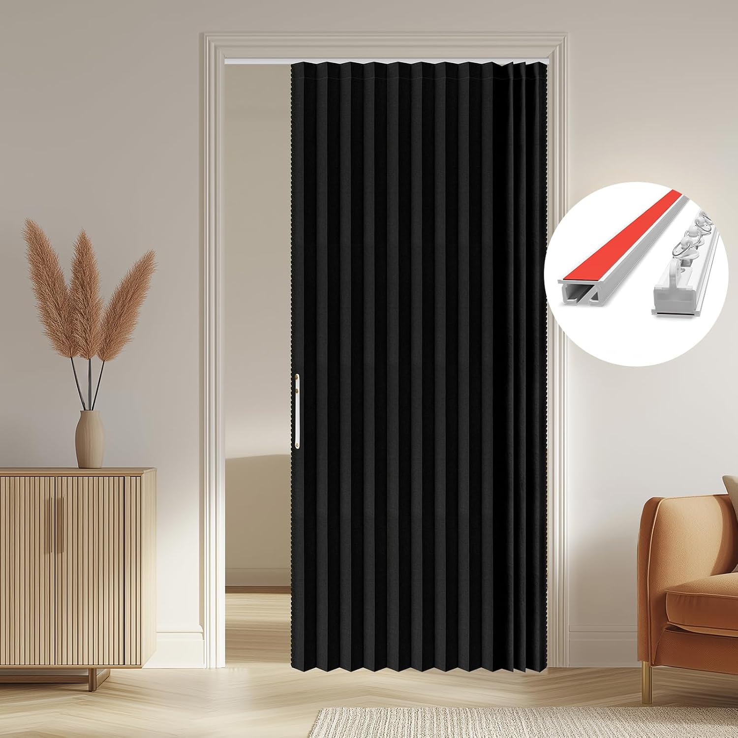 Black 100% Blackout Folding Accordion Door Curtain with Track 53×79in for Bedroom Living Room
