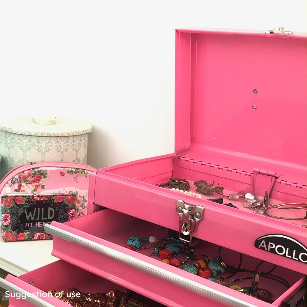 Pink Ribbon 14in Heavy-Duty Steel Tool Box with 2 Drawers Deep Storage Compartment Ball Bearing Slides Powder Coated