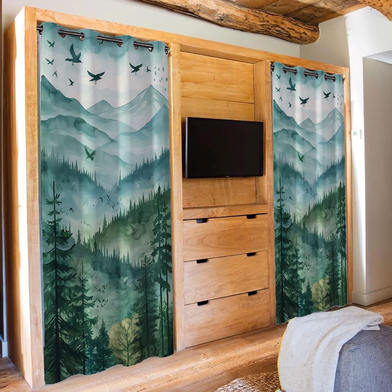 Watercolor Mountain Forest Privacy Door Curtain 34×80in Room Divider 1 Panel