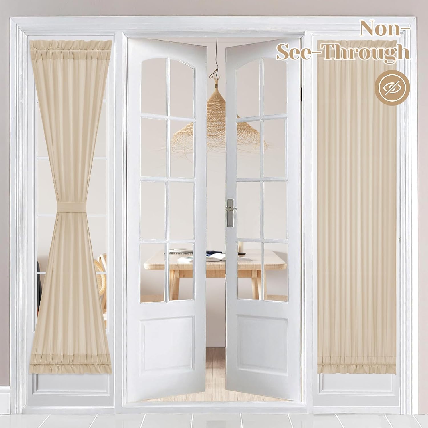 Beige 26×72in 2Pack Semi Sheer Privacy French Door Curtains with Tie Backs