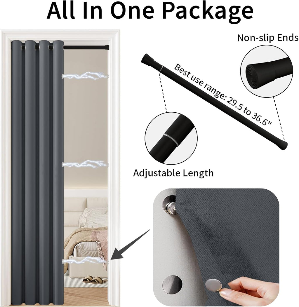 Gray Magnetic Room Darkening Closet Curtain 42×80in with Rod for Bedroom Hallway