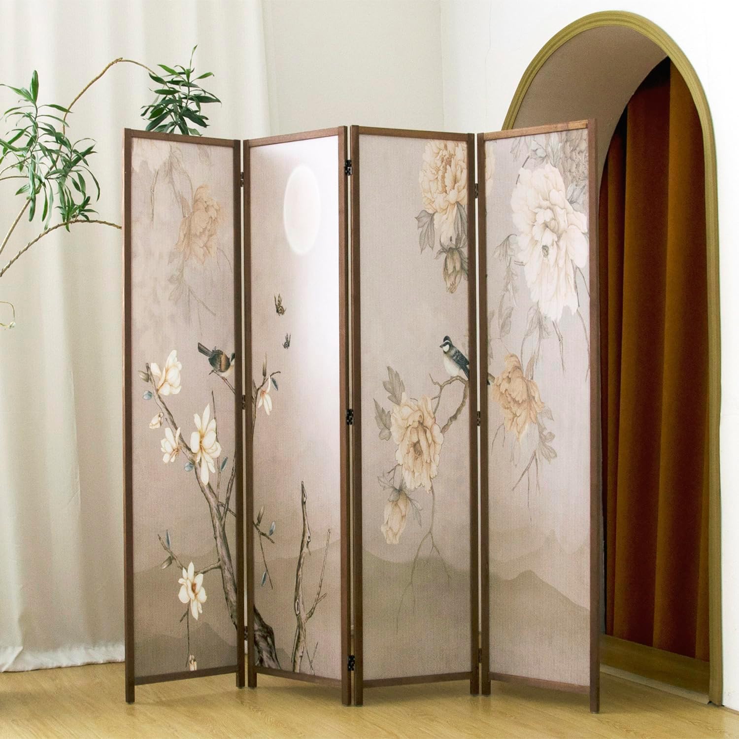 4 Panel 5.6FT Double-Sided Floral Bird Blackout Folding Privacy Room Divider