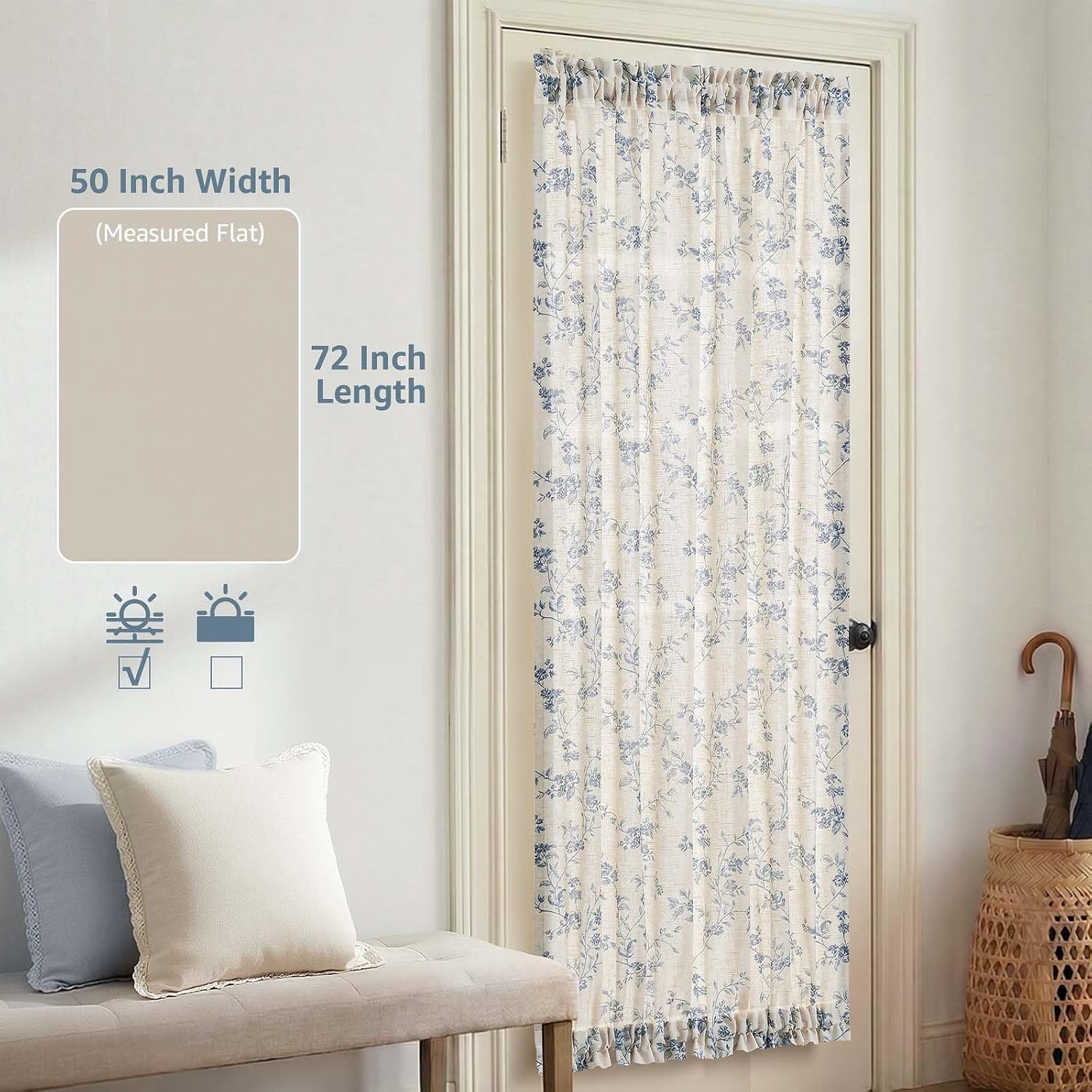 Blue Floral Linen French Door Curtain 72in Farmhouse Light Filtering Panel with Tie Bow