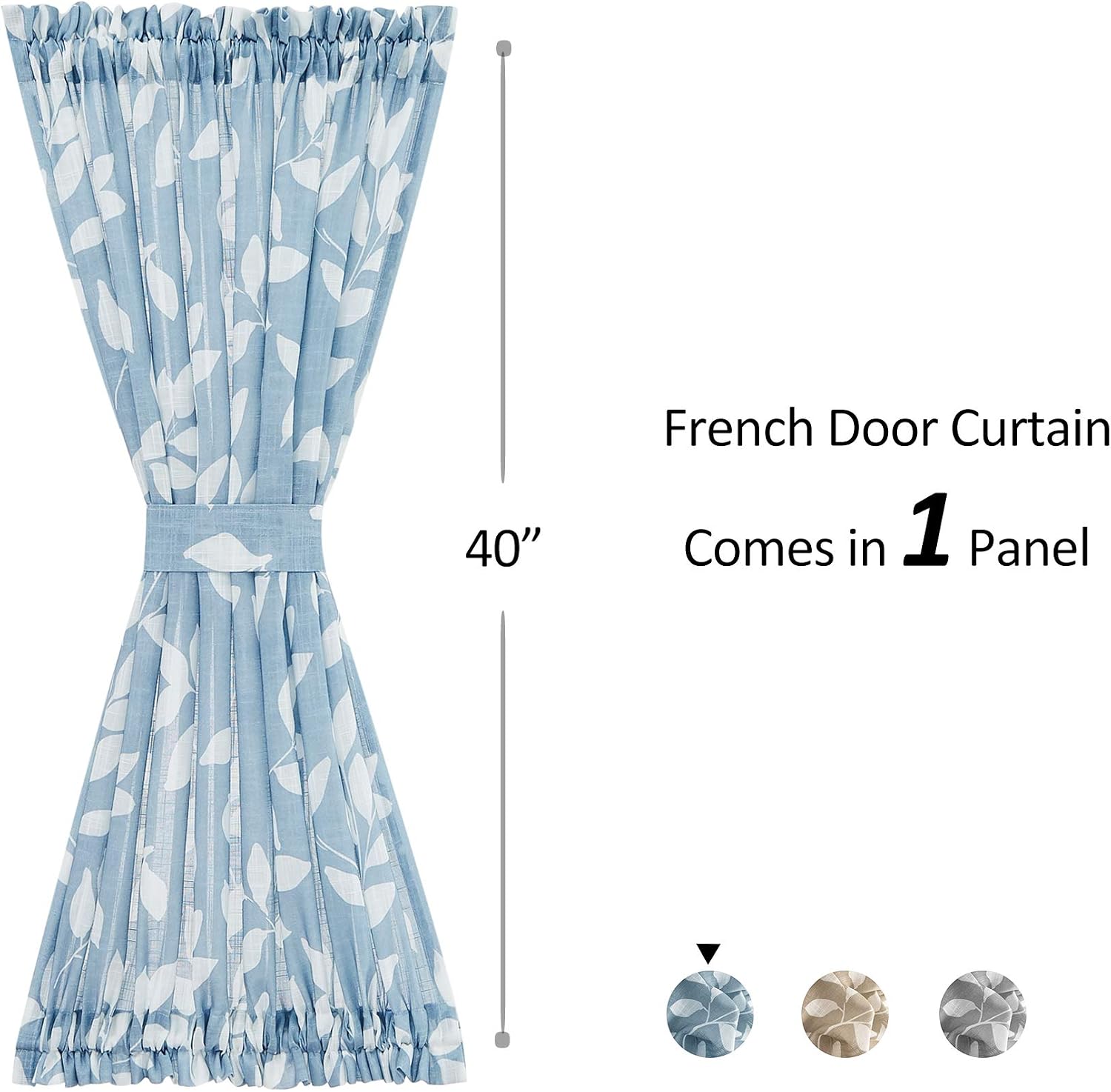 Blue White Leaf Linen Semi Sheer French Door Curtain 52×40in 1 Panel