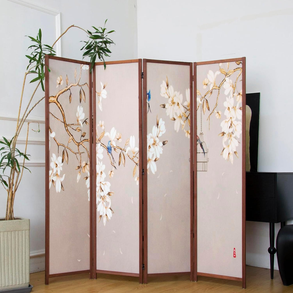 4 Panel 5.6FT Double-Sided Floral Bird Blackout Folding Privacy Room Divider