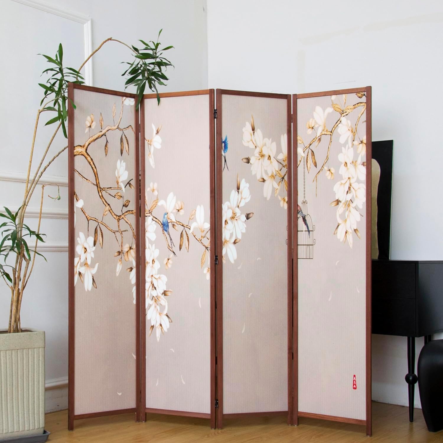 4 Panel 5.6FT Double-Sided Floral Bird Blackout Folding Privacy Room Divider