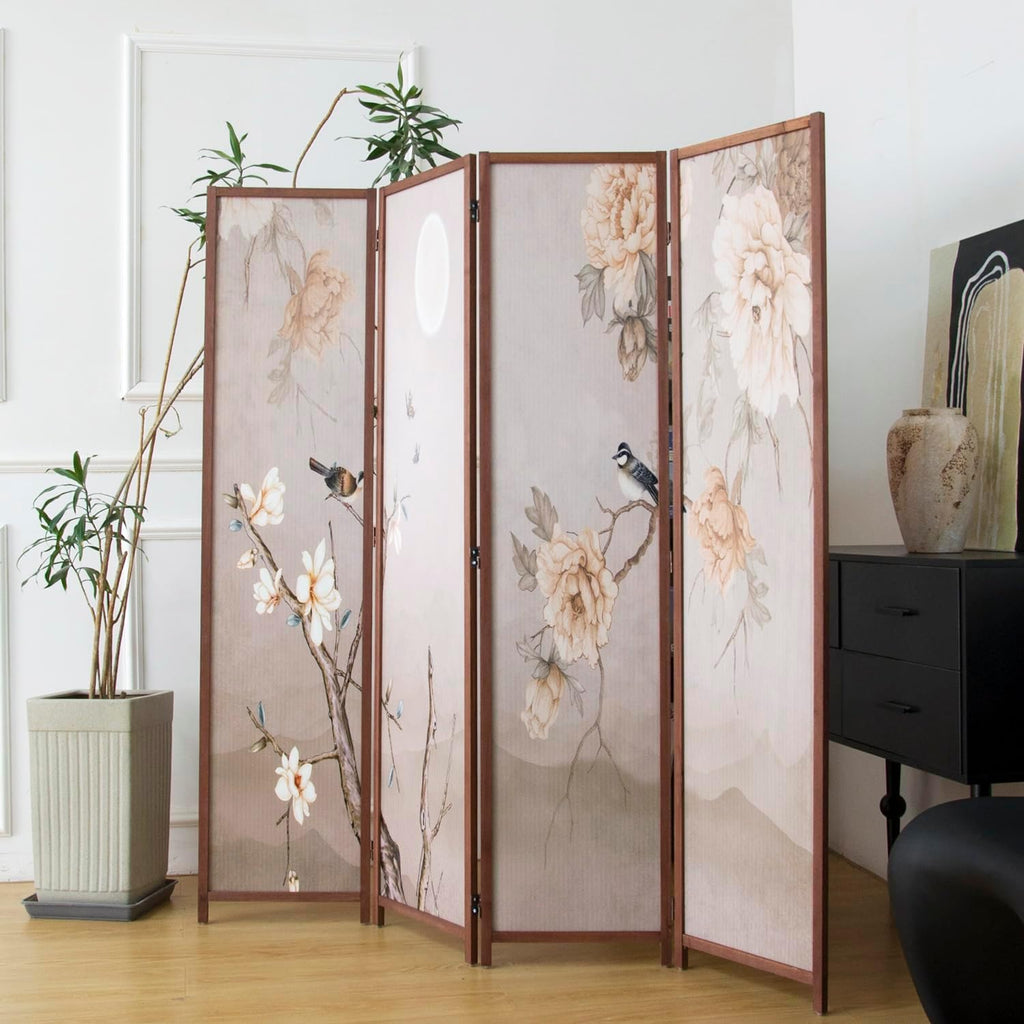 4 Panel 5.6FT Double-Sided Floral Bird Blackout Folding Privacy Room Divider