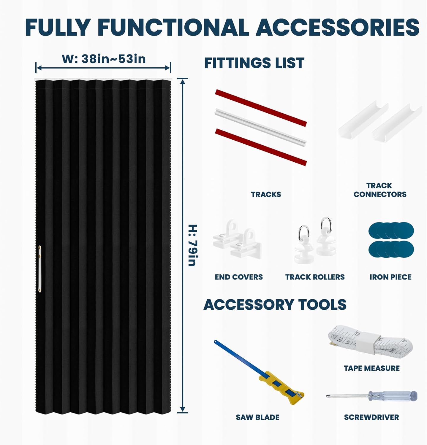 Black 100% Blackout Folding Accordion Door Curtain with Track 53×79in for Bedroom Living Room
