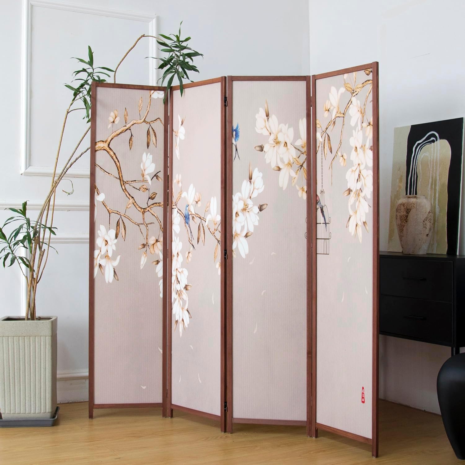 4 Panel 5.6FT Double-Sided Floral Bird Blackout Folding Privacy Room Divider