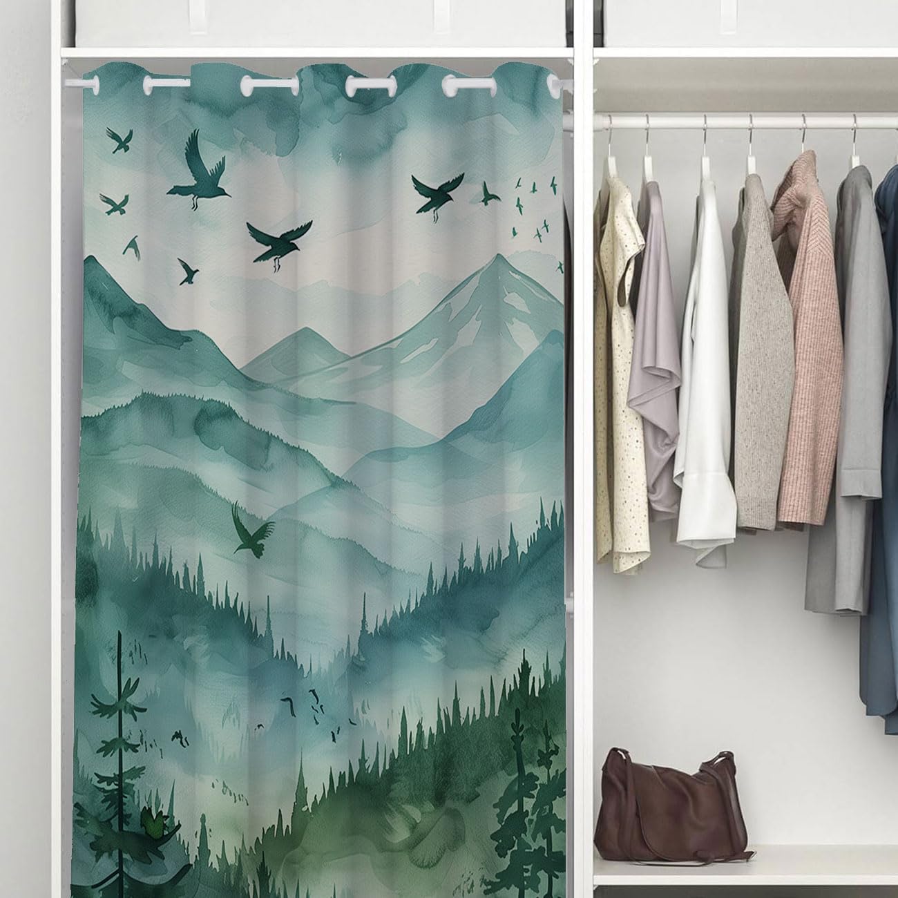 Watercolor Mountain Forest Privacy Door Curtain 34×80in Room Divider 1 Panel