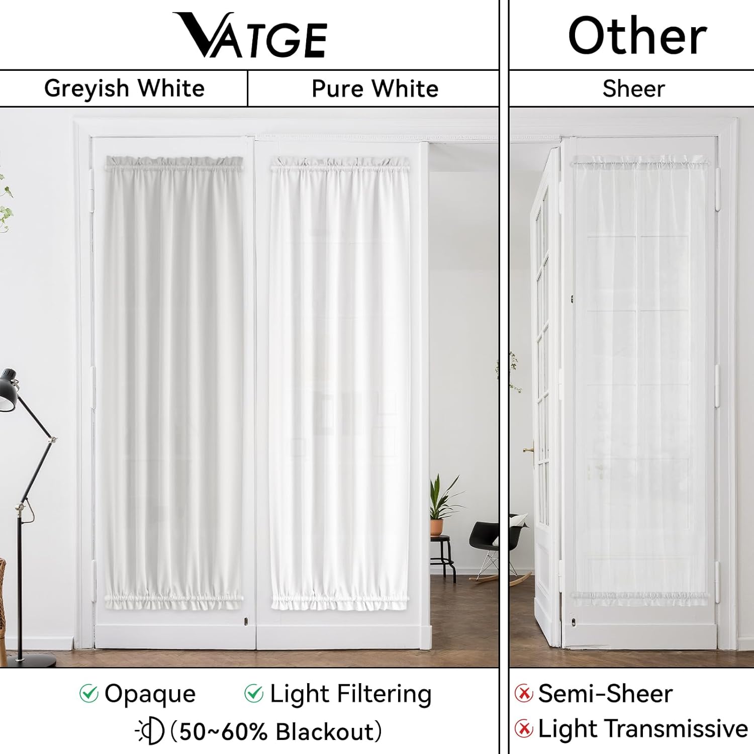 Greyish White Rodless Self-Adhesive French Door Curtain 25×72in Light Filtering 1 Panel