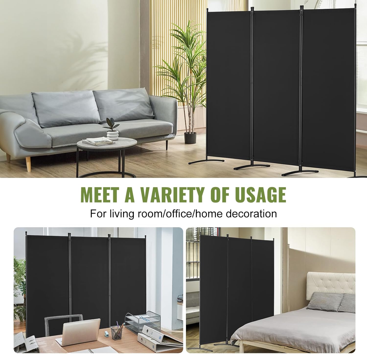 Black 3 Panel Fabric Freestanding Folding Privacy Room Divider