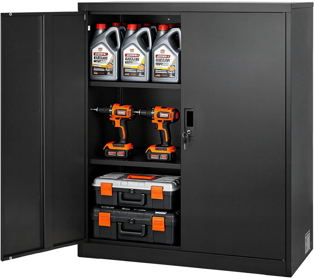 Black 41.7in Lockable Steel Storage Cabinet with Adjustable Shelves Magnetic Lock Doors for Garage Pantry Office