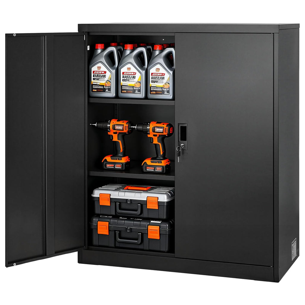 Black 41.7in Lockable Steel Storage Cabinet with Adjustable Shelves Magnetic Lock Doors for Garage Pantry Office