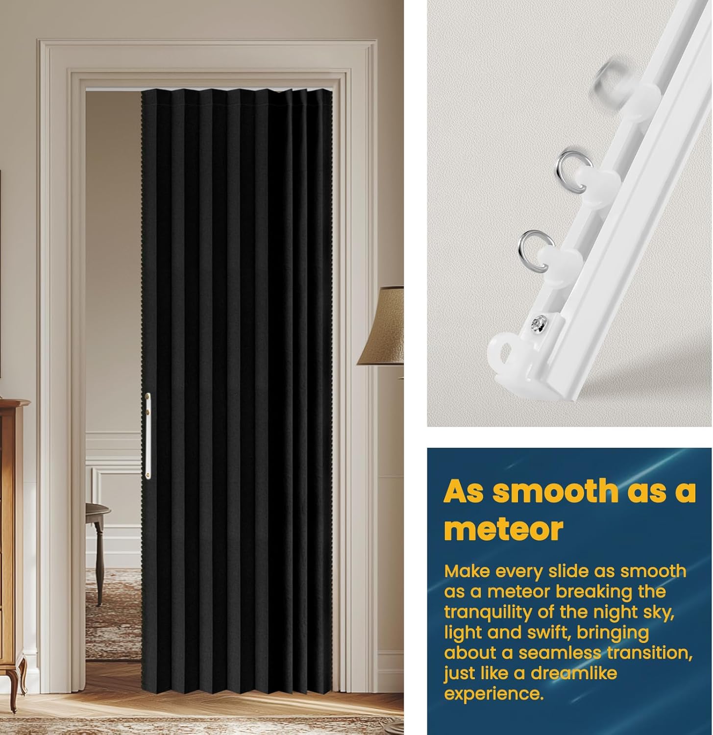 Black 100% Blackout Folding Accordion Door Curtain with Track 53×79in for Bedroom Living Room