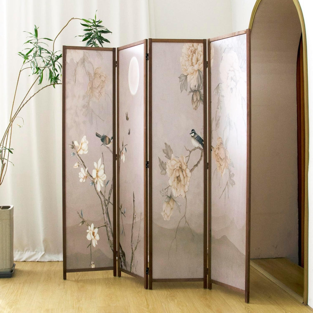 4 Panel 5.6FT Double-Sided Floral Bird Blackout Folding Privacy Room Divider