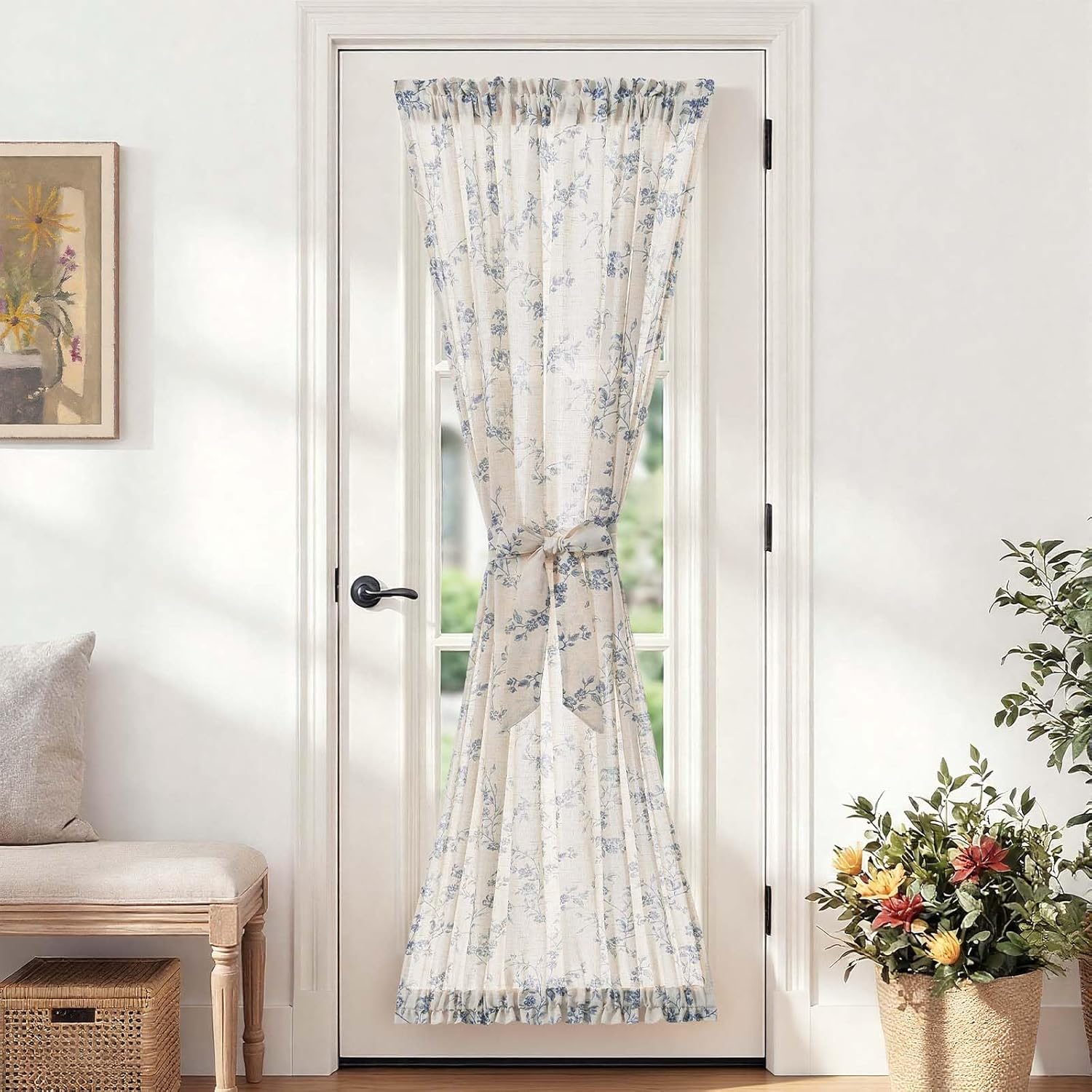 Blue Floral Linen French Door Curtain 72in Farmhouse Light Filtering Panel with Tie Bow