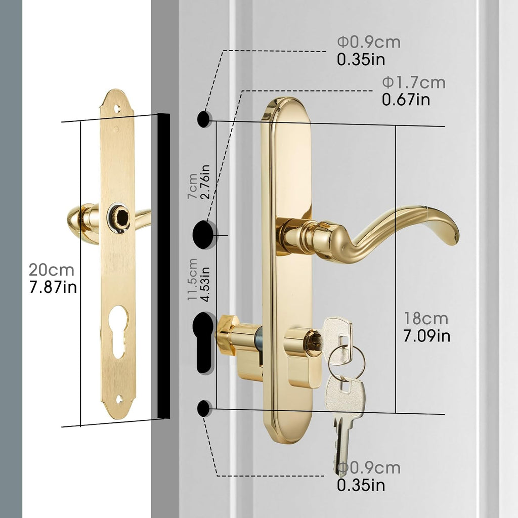 Polished Gold Storm Door Handle Replacement Set for Pella with Lock Cylinder