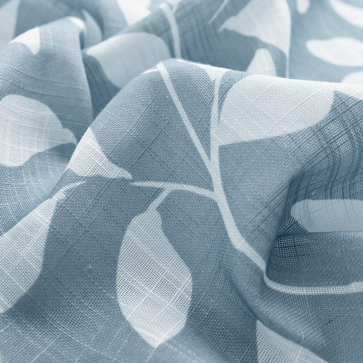 Blue White Leaf Linen Semi Sheer French Door Curtain 52×40in 1 Panel