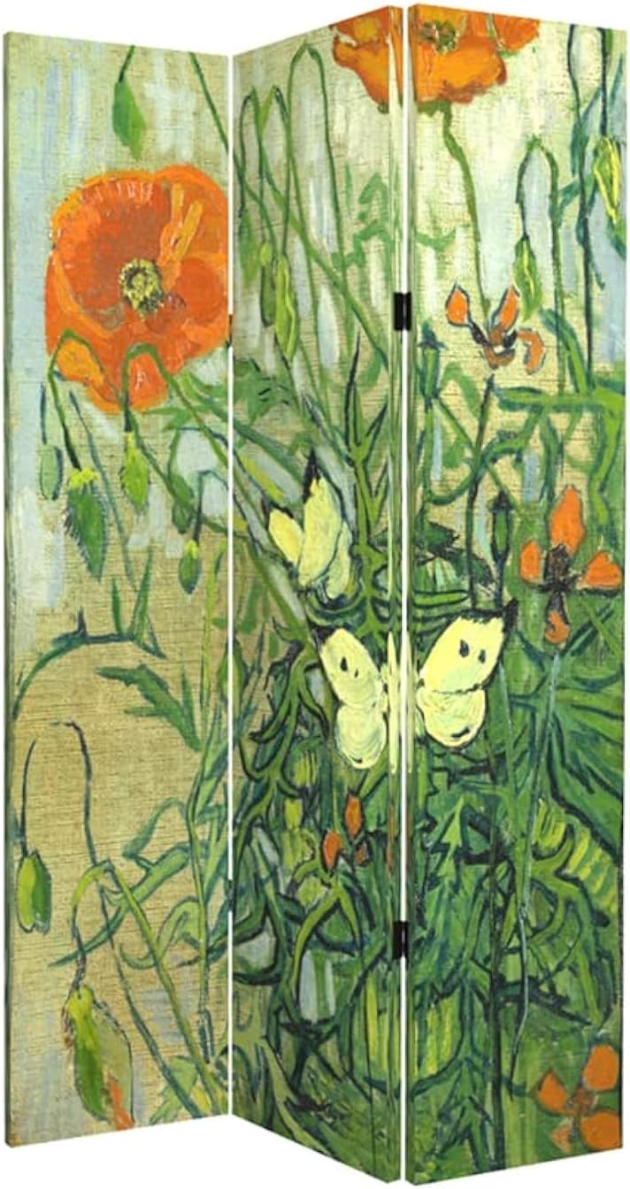 3-Panel Van Gogh Butterflies Poppies Canvas Wood Folding Room Divider 71in High