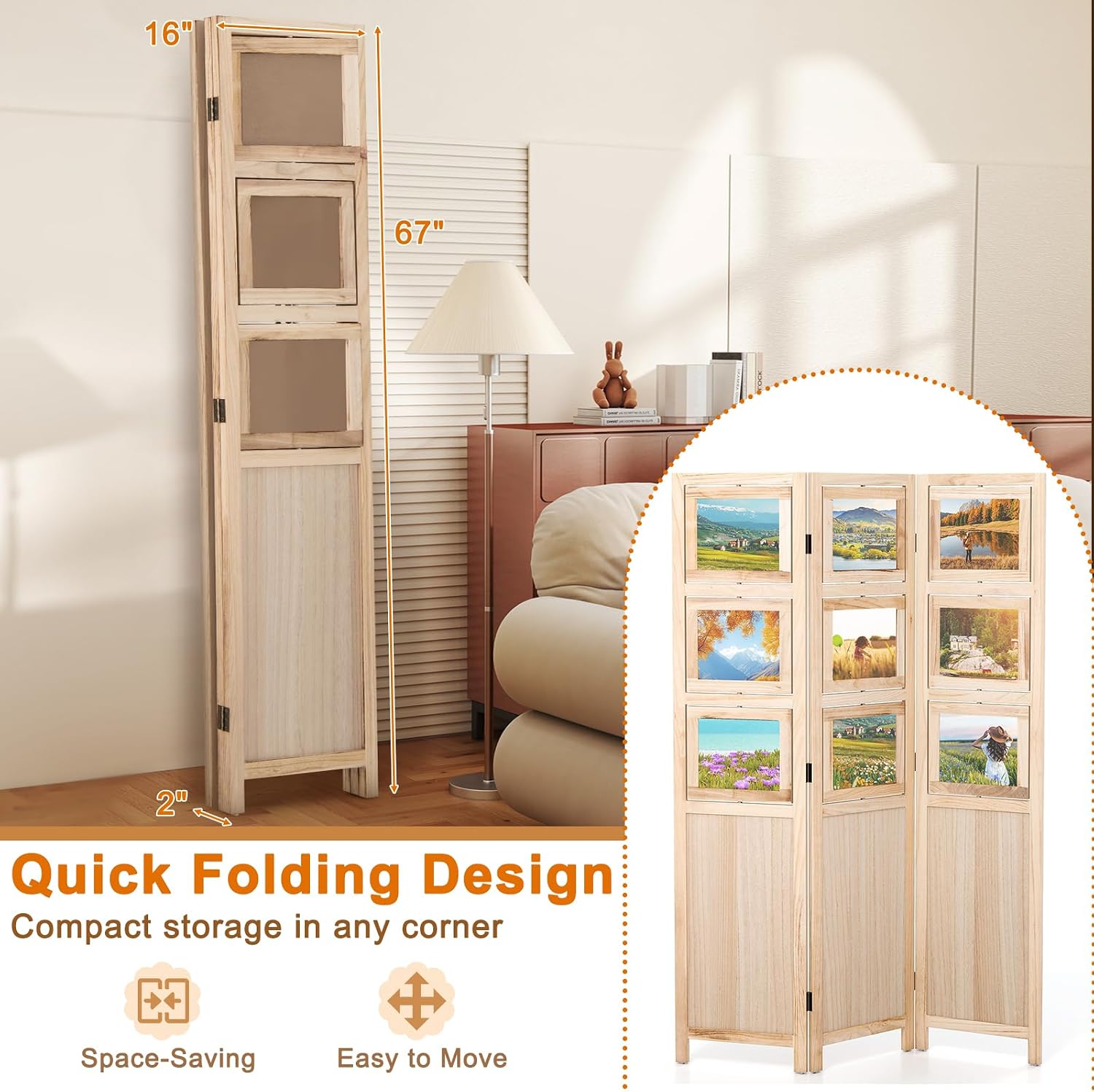 Natural Wood 3 Panel 67in Folding Room Divider with 9 Rotating Photo Frames