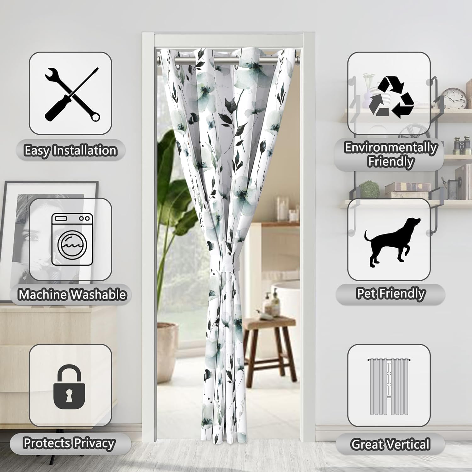 Grey Green Floral Blackout Door Curtain 34×80in Privacy Room Divider Drapes