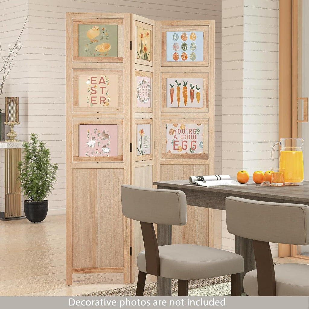 Natural Wood 3 Panel 67in Folding Room Divider with 9 Rotating Photo Frames