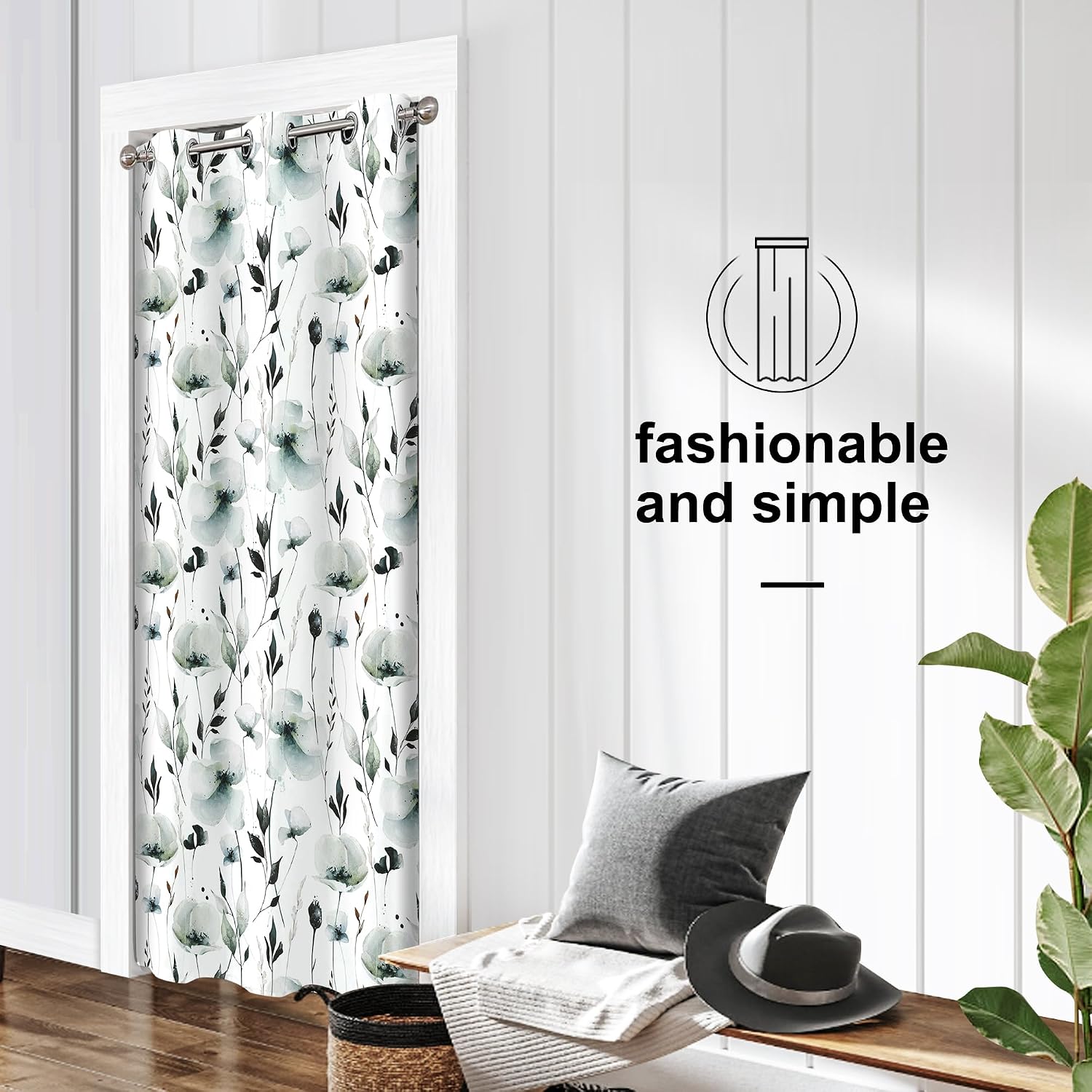 Grey Green Floral Blackout Door Curtain 34×80in Privacy Room Divider Drapes