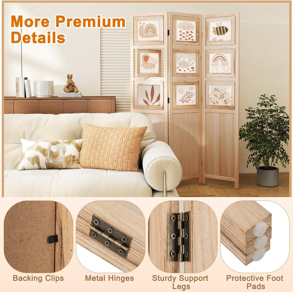 Natural Wood 3 Panel 67in Folding Room Divider with 9 Rotating Photo Frames