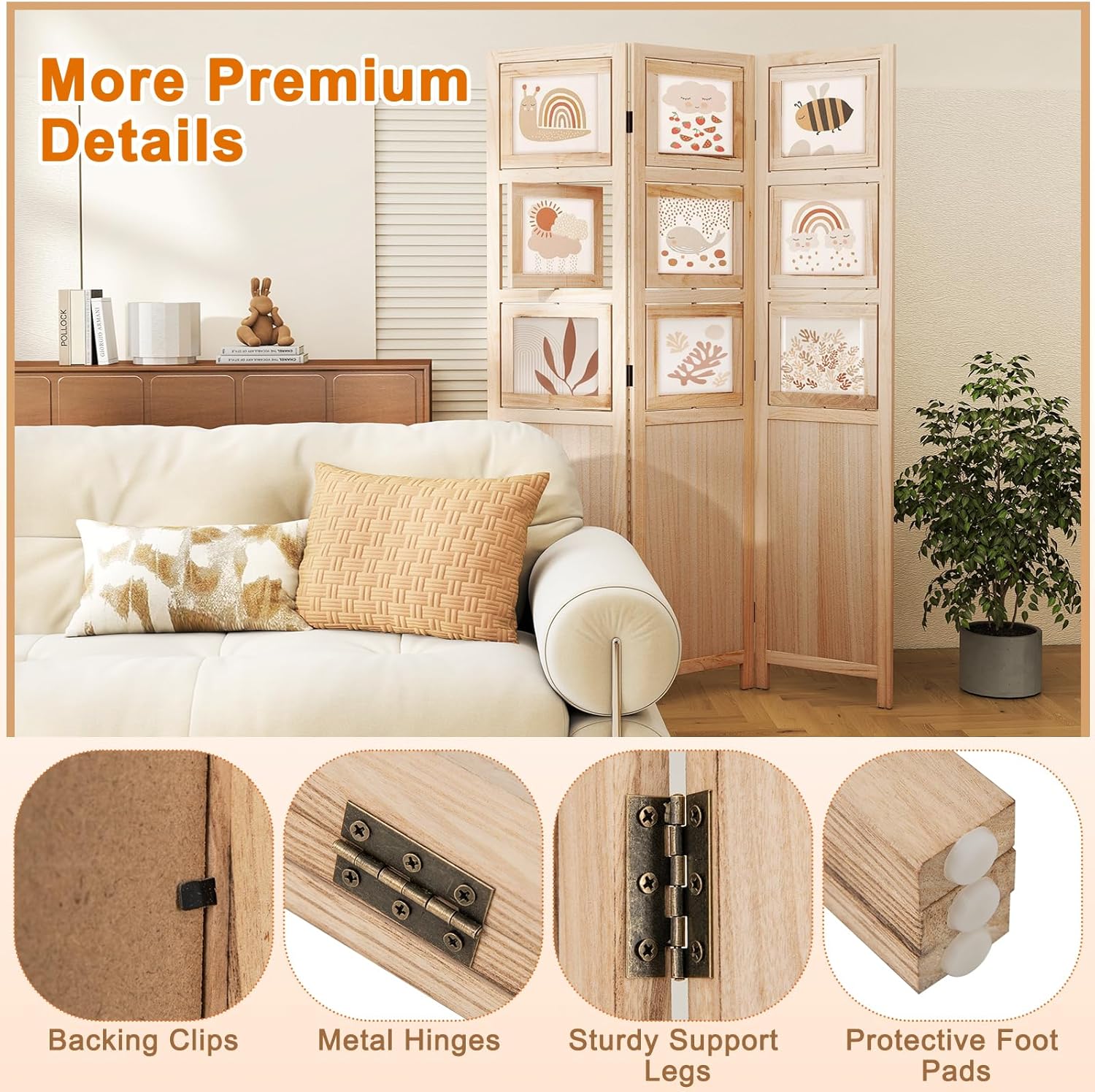 Natural Wood 3 Panel 67in Folding Room Divider with 9 Rotating Photo Frames
