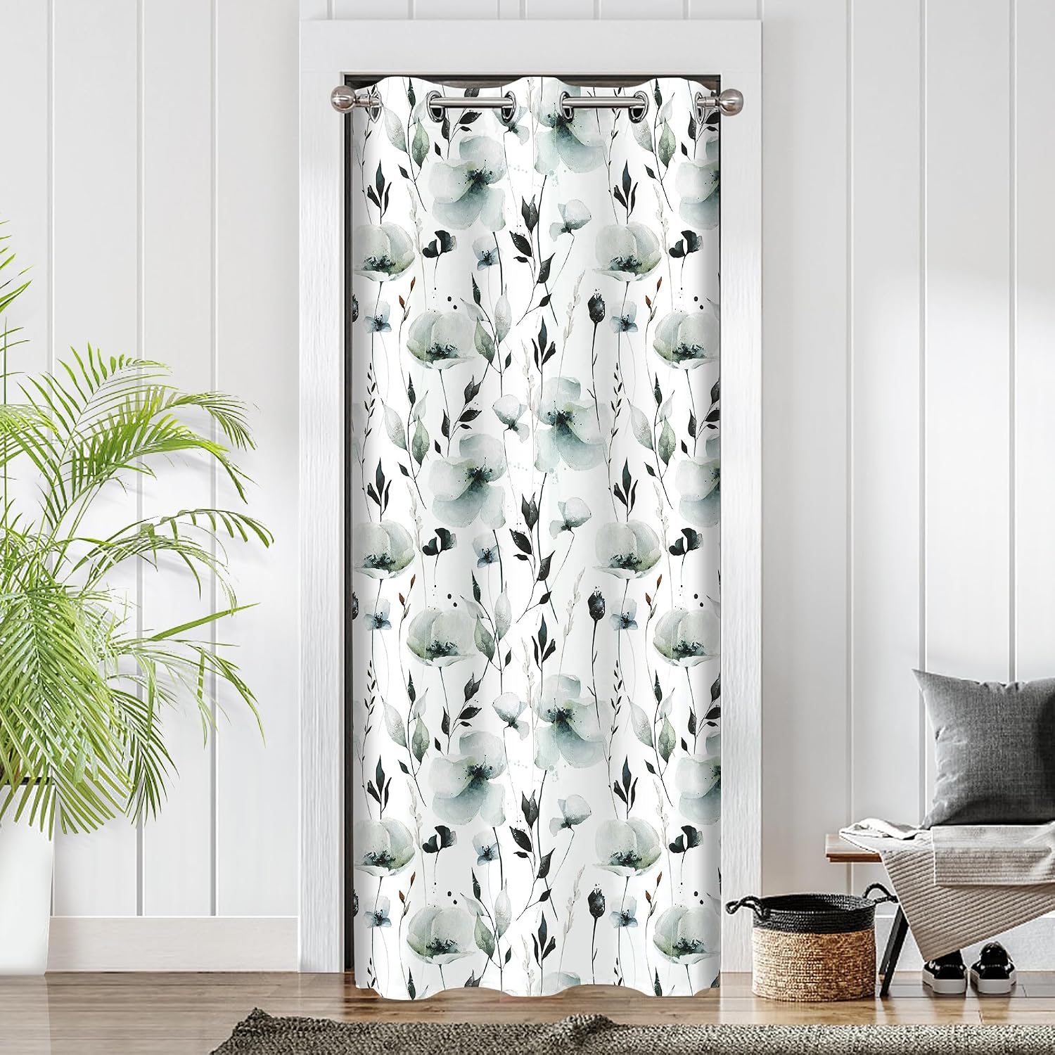 Grey Green Floral Blackout Door Curtain 34×80in Privacy Room Divider Drapes